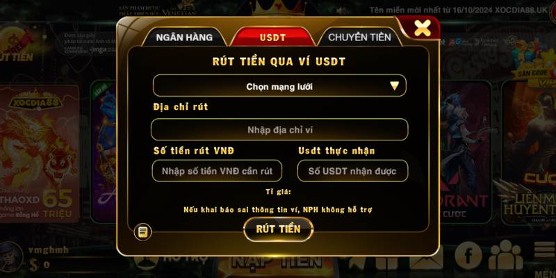 Rút tiền tại Xocdia88 bằng tiền ảo